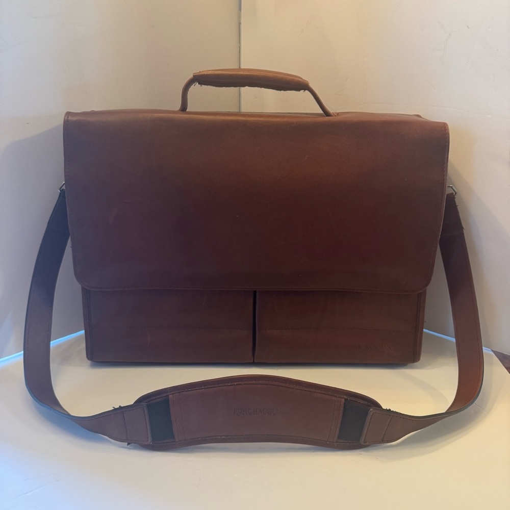 Korchmar Brown Leather Briefcase with Top Handle and Shoulder Strap